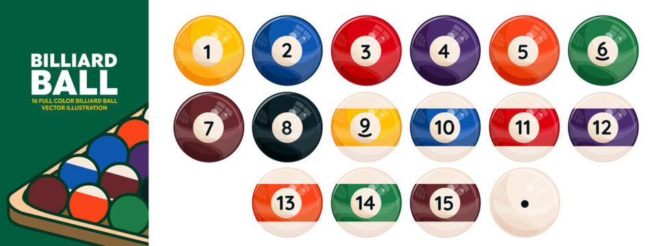Complete set of colorful billiard pool balls numbers one to fifteen and cue ball vector illustration isolated on white background for sports and game design elements