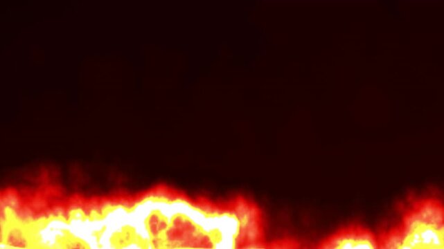 Animated realistic fire flame with rising  smoke effect displayed across the bottom frame on black background suitable vfx overlay , danger warning and burning scene . alpha channel only 4k