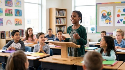 Fototapeta premium Young African American girl confidently presents to diverse classmates in a bright elementary school classroom setting