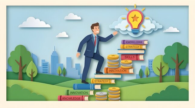 Ilustrasi Gaya Potongan Kertas Pebisnis Menaiki Tangga Buku Menuju Ide Lampu Bohlam