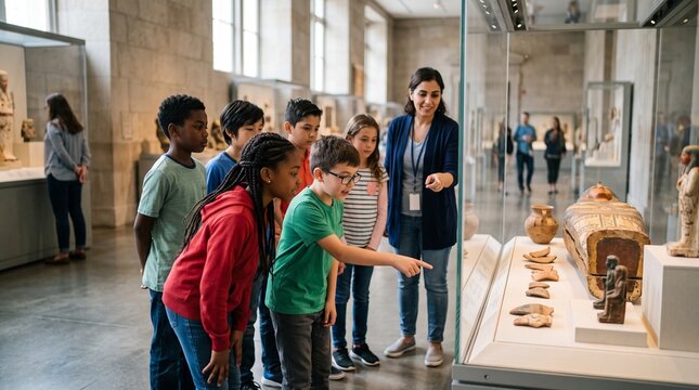 Children on a museum field trip learning about ancient Egyptian artifacts from their teacher