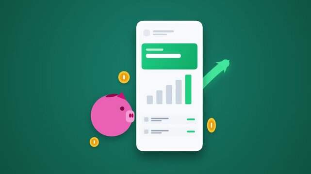 Animated Mobile Device Displaying Financial Data Next to Pink Piggy Bank