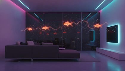 Obraz premium Glowing Goldfish Swimming in Futuristic Living Room