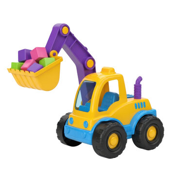 Colorful toy excavator digging in dirt