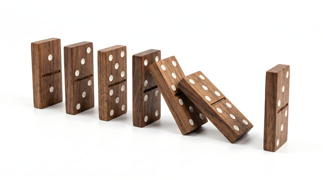 Wooden domino chain reaction isolated on white background, cause and effect concept design