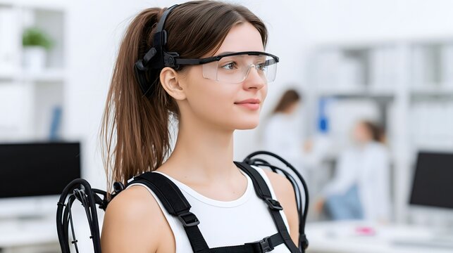 Young female researcher wearing modern robotic exoskeleton suit and protective safety glasses in laboratory