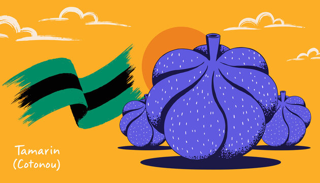 Abstract illustration of tamarind fruit with a flag and sun, Cotonou theme