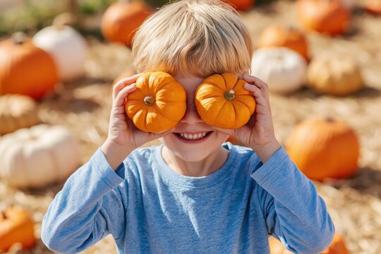 Boy and child kid playing with pumpkins in a sunny autumn harvest patch halloween