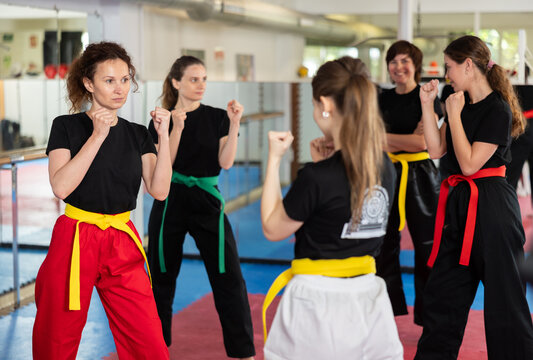 Diligent womens practicing new karate moves in pairs in class with trainer