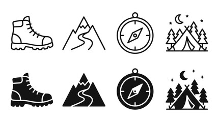 Fototapeta premium Outdoor camping and hiking icon set with boots mountains compass and forest tent mountain adventure outdoors