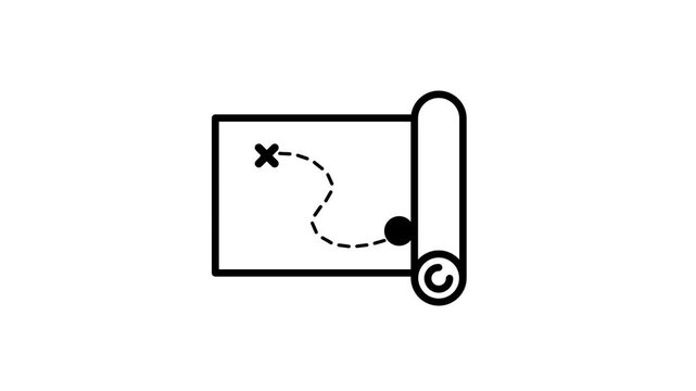 A rolled paper map with a dashed path leading from a starting point to a marked destination dot representing a planned journey or travel route ahead