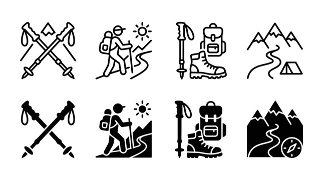 Outdoor adventure and hiking gear icon set with trekking poles hiker camping equipment and mountain trail adventure
