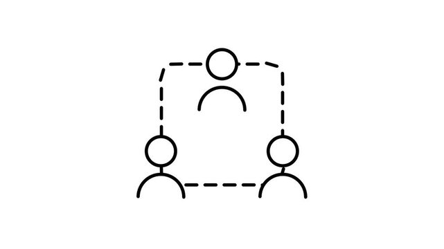 Three small people connected by dashed lines forming a triangle shape representing teamwork collaboration and open communication within a small group