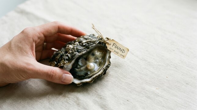 Hand holding an oyster symbolizing market opportunity by identifying valuable possibility hidden within environment