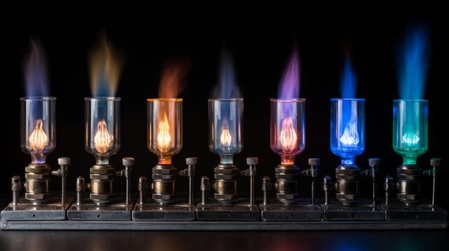 Bunsen burners with diverse flame shapes and colors for creative science fair experiment, laboratory chemistry demonstration and scientific education concept