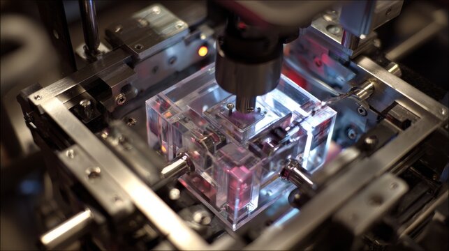 Crystal-based robot assembly in advanced clean room laboratory, innovative materials science and precision robotics research