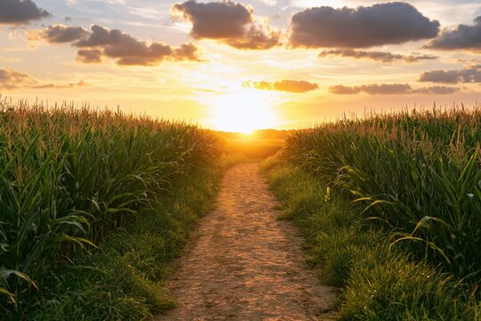 Path winding through a green cornfield trail at sunset in the rural countryside