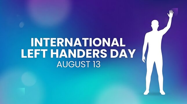 International Left Handers Day concept, White human silhouette raising left arm and waving, Blue and purple abstract bokeh background design, August 13 celebration banner template