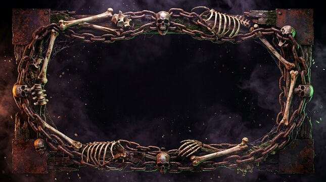 Frontal horror Helloween skeleton chain border frame for night event in misty environment