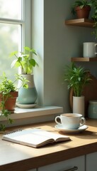 Fototapeta premium Stylish kitchen, herbs, tea, notebook, mockup frame, neutral, work, light