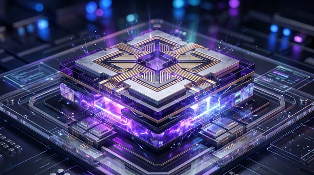 Abstract macro view of advanced futuristic computer processor chip with neon glowing circuitry lines processor microchip technology semiconductor