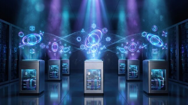 Futuristic data server nodes with holographic planet network visualization hologram futuristic technology computing infrastructure lighting