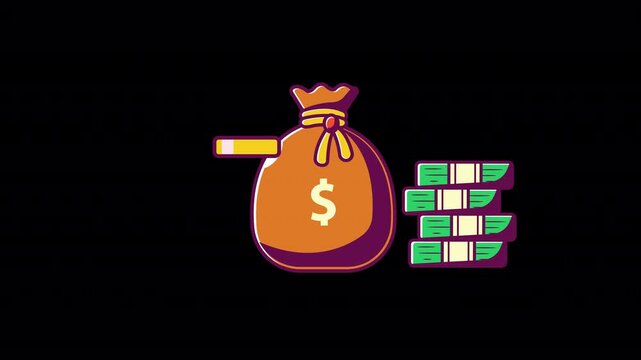 Vector style animated money bag with dollar sign and stacked cash banknotes symbolizing wealth, profit, and financial abundance