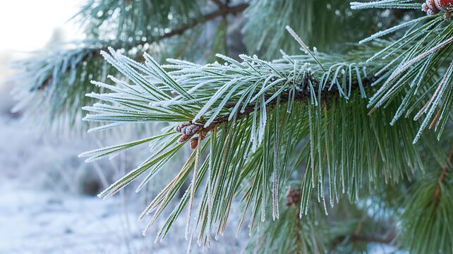 Close up pine tree needles thin layer frost crystals edges green needles white icy appearance blurred snowy frosty background winter nature beauty detail