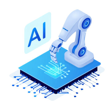 Robotic arm interacting with a microchip displaying AI circuitry, symbolizing artificial intelligence and advanced technology integration