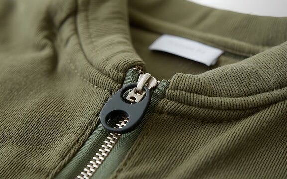 Close up olive green jacket upper section metal zipper partially closed visible pull tab teeth slider white clothing label fabric stitching fashion detail