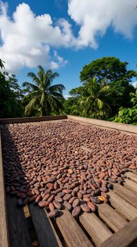 Cacao beans drying on wooden racks in tropical sun, fermentation process for cocoa production, agriculture, food supply, raw ingredients
