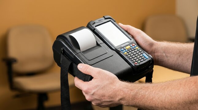 Person holding a portable credit card machine with receipt printer.