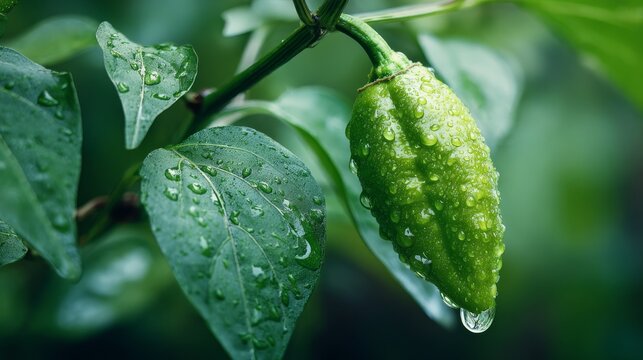 32.Macro shot of single padron pepper with water droplets, attached to stem and surrounded by leaves, delicate bokeh background, high detail surface texture, natural imperfections, vibrant green