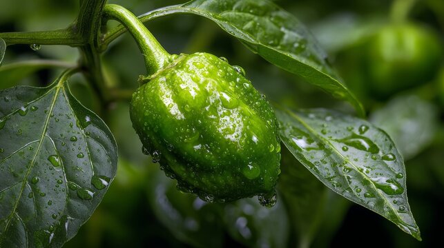 32.Macro shot of single padron pepper with water droplets, attached to stem and surrounded by leaves, delicate bokeh background, high detail surface texture, natural imperfections, vibrant green