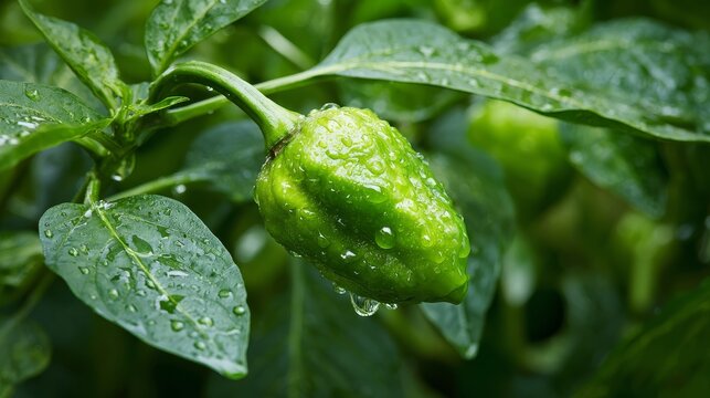 32.Macro shot of single padron pepper with water droplets, attached to stem and surrounded by leaves, delicate bokeh background, high detail surface texture, natural imperfections, vibrant green