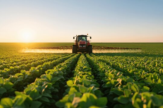 Tractor spraying fertilizer on a vast soybean field during a golden sunset farm