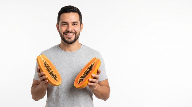 Smiling young man holding two halves of fresh ripe papaya fruit isolated on white background for health nutrition