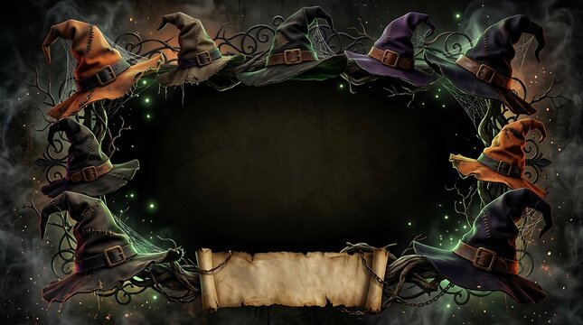 Halloween Festive Border Template Featuring Witch Hat Designs and Parchment