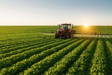 Obraz premium Agriculture tractor working in a vast rural field of green crops during sunset