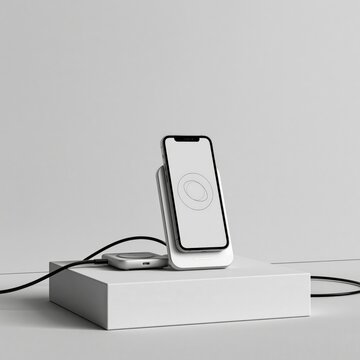Phone on charging pedestal showing abstract tap-to-pay ring graphic with charger reader next to it