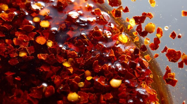 65.Macro shot of surface of homemade chili oil, dense chili flakes suspended in rich oily base, fiery red hues, light reflections creating depth, simple neutral backdrop, focused on flavor and