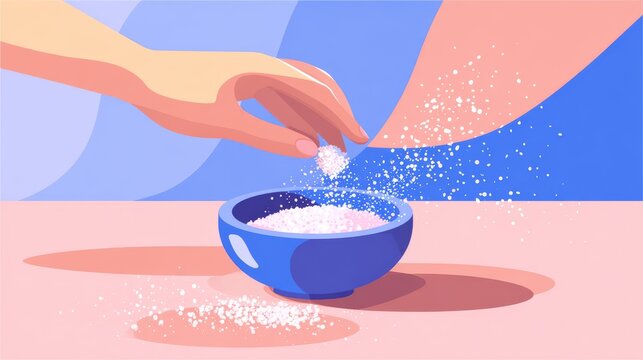 90.Concept = Person hand salt food or meal. Salting. Hand sprinkle. Chef or cook adding salt for dish, condiment or spice pinch. Cooking, bakery and cuisine. Flat trendy abstract style. Vector