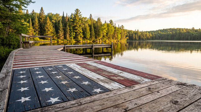 Wooden dock painted like American flag on calm lake with forest.