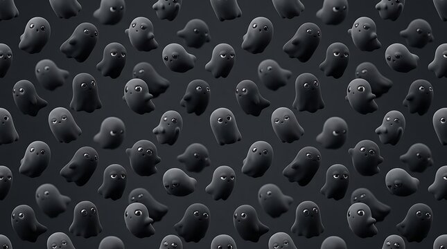 Abstract pattern of numerous dark, blob-like creatures with glowing eyes, creating a mysterious and eerie background.