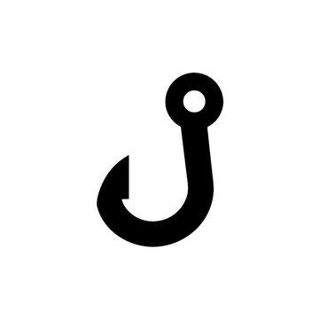 A simple black fishing hook icon on a white background, representing fishing or angling