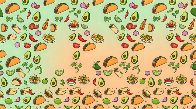 Mexican food seamless pattern background featuring tacos avocados chili peppers and burritos illustration background illustration colorful wallpaper