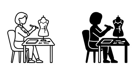 Fototapeta premium Fashion Designer at Work, Sketching Dress on Mannequin. Vector Icons for Style Creation