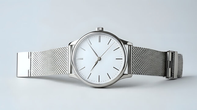 Elegant minimalist luxury silver wristwatch with mesh band on light background wristwatch timepiece minimalist accessory chronograph metallic business