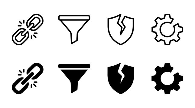 Technical issues and operations management icon set showing broken link filter shield and damaged gear cog with security