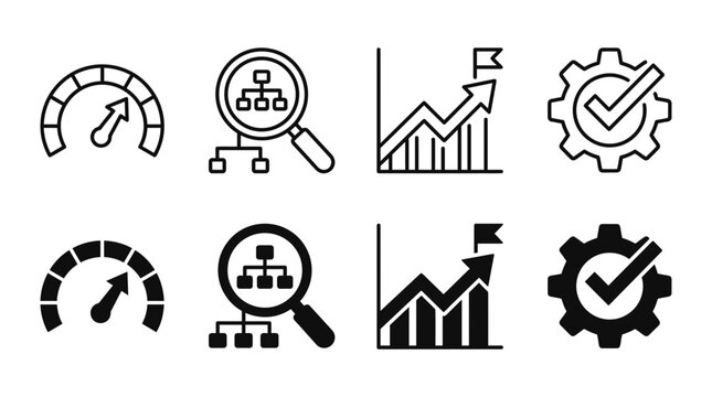 Corporate performance and organizational analysis icons set featuring gauges organizational charts and milestones
